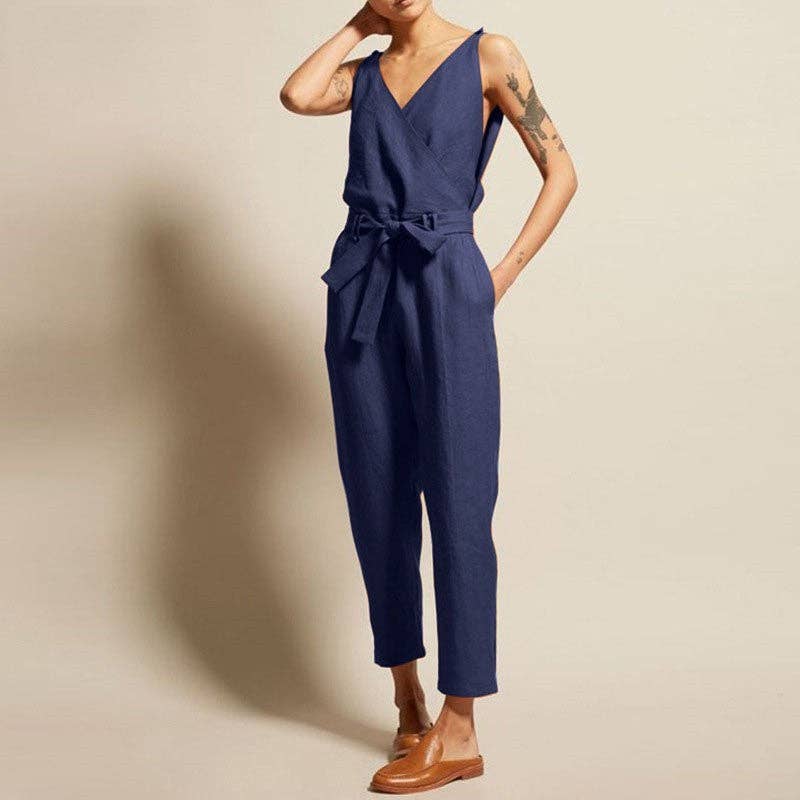 Sleeveless V-Neck Solid Color Waist Tied Jumpsuits