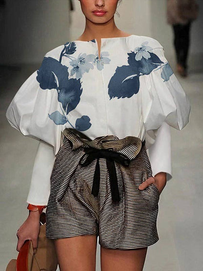Floral Printed Split-Joint Loose Puff Sleeves Round-Neck Blouses
