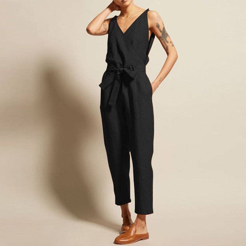 Sleeveless V-Neck Solid Color Waist Tied Jumpsuits