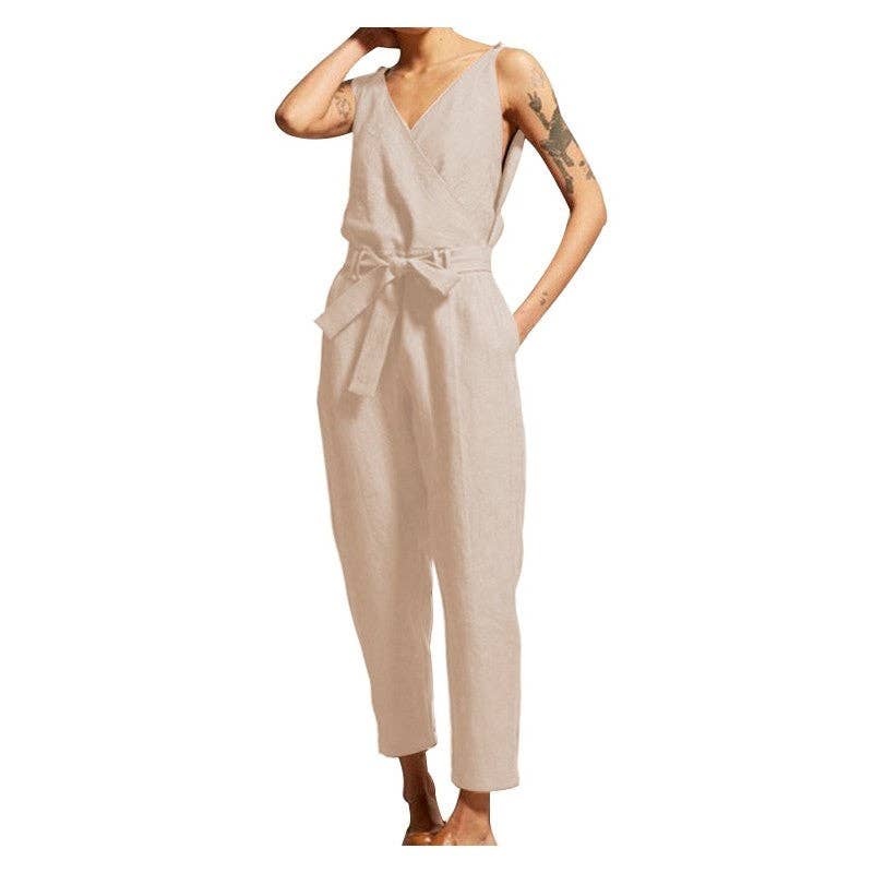Sleeveless V-Neck Solid Color Waist Tied Jumpsuits