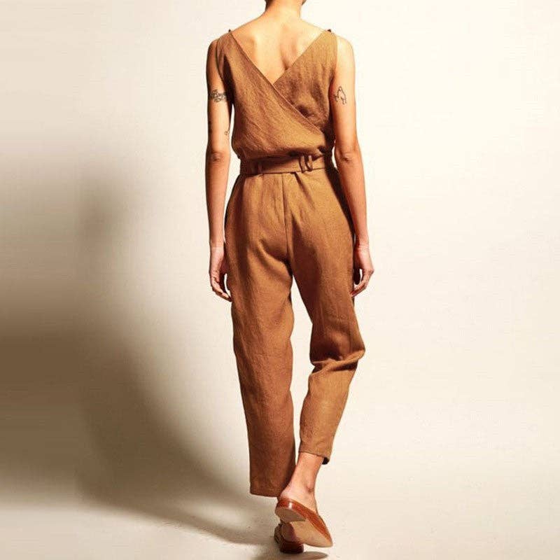Sleeveless V-Neck Solid Color Waist Tied Jumpsuits