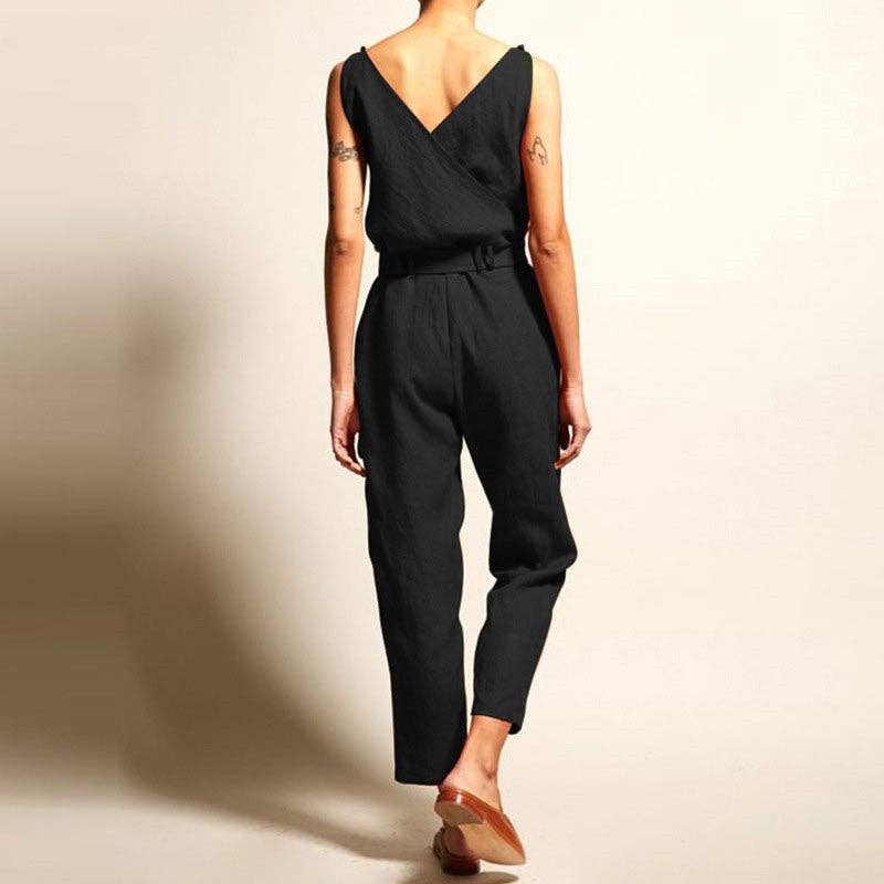 Sleeveless V-Neck Solid Color Waist Tied Jumpsuits