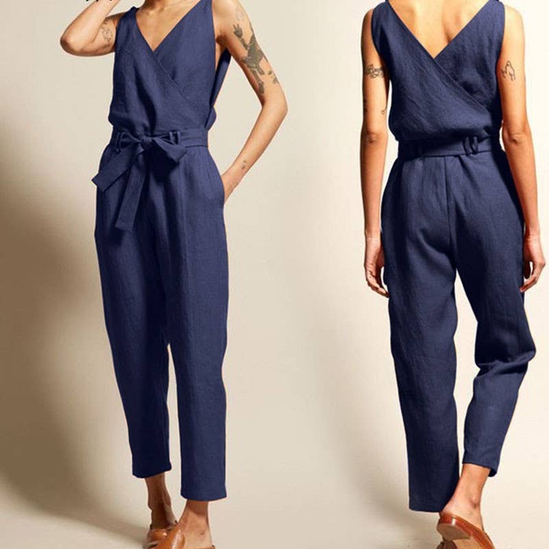 Sleeveless V-Neck Solid Color Waist Tied Jumpsuits