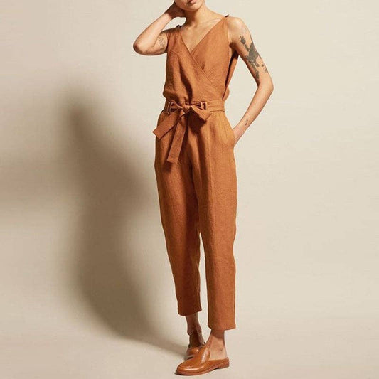 Sleeveless V-Neck Solid Color Waist Tied Jumpsuits